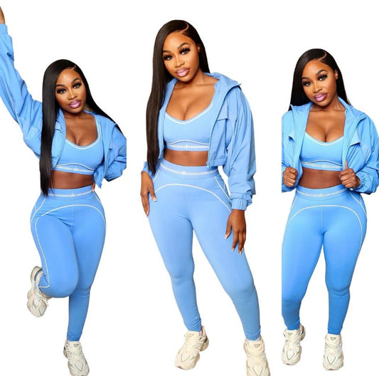 Alo Blue Yoga  3 pc Set (top, leggings, & jacket)